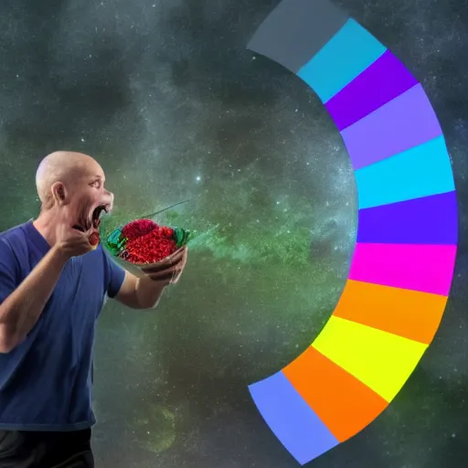 Image similar to 8 k uhd, human eats rainbow, 8 k uhd details