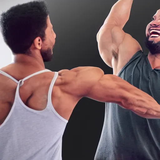 Image similar to Buff dude laughing while being punched by a skinny weak dude.