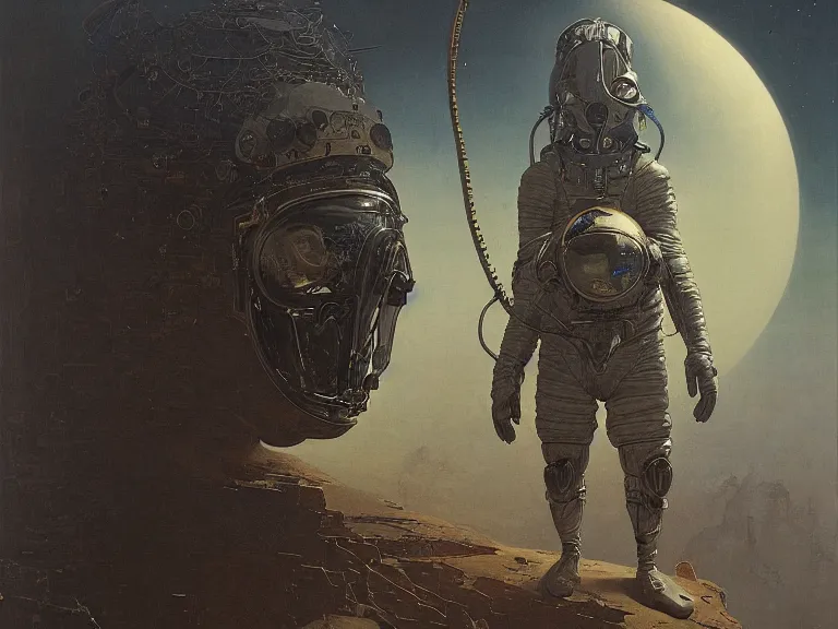 Image similar to a detailed profile painting of an explorer in a spacesuit with reflective visor, symmetrical and science fiction theme by beksinski carl spitzweg and tuomas korpi. baroque elements, full-length view. baroque element. intricate artwork by caravaggio. Trending on artstation. 8k