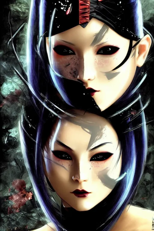 Image similar to beautiful face masked mystery and gorgerous and black magic and stunning young female ninja, reference Ninja Gaiden from action video games by Tecmo portrait+smoky eyes+light flowing hair, ssci-fi, fantasy, in mudra and firefly night ruin tokyo temple, ultradetail face, art and illustration by tian zi and craig mullins and WLOP and alphonse mucha, dynamic light, human anatomy, intricate complexity, fantasy world concept, watermark, blurry, hyperrealism 8k