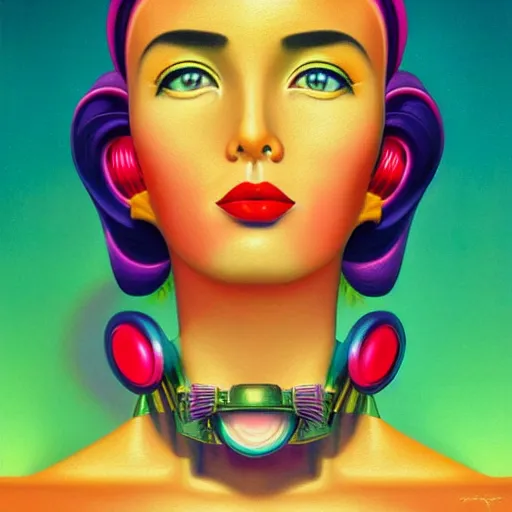 Image similar to colorful vaporwave art deco portrait, an ultrafine detailed painting by rafal olbinski, thomas cole, behance contest winner, pop surrealism, detailed painting, very detailed, minimalist, skeuomorphic, airbrush art