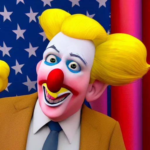 Prompt: Donald Trump as a clown with a yellow wig by Pixar, 3d render, octane render, 4k