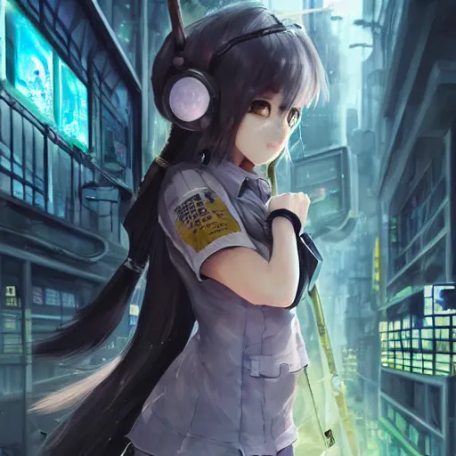 Image similar to dynamic composition, motion, ultra-detailed, incredibly detailed, a lot of details, amazing fine details and brush strokes, colorful and grayish palette, smooth, HD semirealistic anime CG concept art digital painting, watercolor oil painting of Clean and detailed post-cyberpunk sci-fi close-up schoolgirl in asian city in style of cytus and deemo, blue flame, relaxing, calm and mysterious vibes,, by a Chinese artist at ArtStation, by Huang Guangjian, Fenghua Zhong, Ruan Jia, Xin Jin and Wei Chang. Realistic artwork of a Chinese videogame, gradients, gentle an harmonic grayish colors. set in half-life 2, Matrix, GITS, Blade Runner, Neotokyo Source, Syndicate(2012), dynamic composition, beautiful with eerie vibes, very inspirational, very stylish, with gradients, surrealistic, dystopia, postapocalyptic vibes, depth of field, mist, rich cinematic atmosphere, perfect digital art, mystical journey in strange world