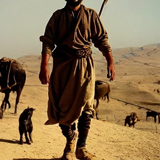 Image similar to Kurdish shepherd wearing Kurdish clothes in a movie directed by Christopher Nolan, movie still frame, promotional image, imax 70 mm footage