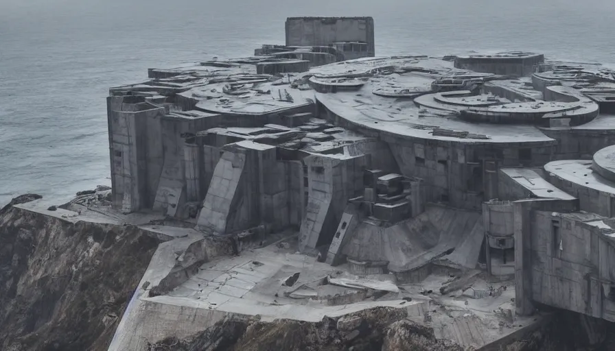 Image similar to big brutalist imperial military base on cliffs, drawing architecture, cinematic shot by greig fraser, very long shot, top angle, imperial architecture in rogue one, pritzker architecture prize, brutalism architecture, jan urschel