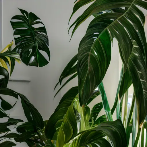 Prompt: an ultra high definition professional studio quality photograph of a ( ( ( ( ( ( transparent iridescent ) ) ) ) ) ) perspex pastel coloured jungle leaves on a plant in an empty white room. dramatic lighting, ray tracing, refraction, shallow d. o. f, colour corrected, golden ratio, three point light. volumetric shadows. god rays.