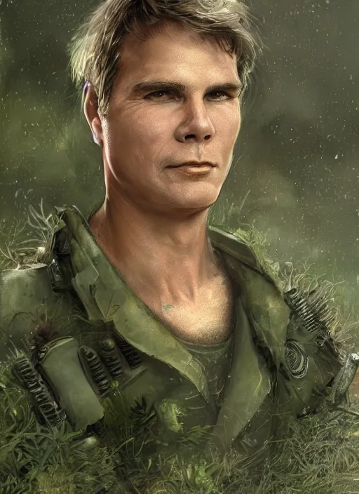 Prompt: portrait of a young richard dean anderson wearing a green combat uniform, in a post apocalyptic city, overgrown with plants, by wlop, luis royo and greg rutkowski, cover illustration, concept art, volumetric lighting, volumetric atmosphere, sharp focus, octane render, trending on artstation, 8 k