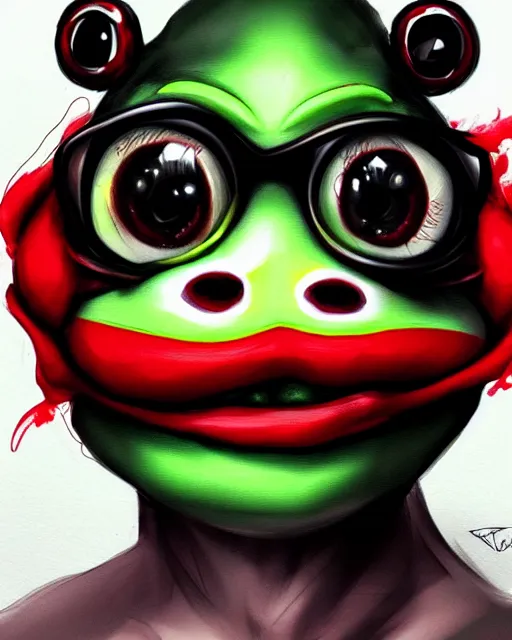 Image similar to black red ink smoke portrait of pepe the frog, artgerm, wlop, artstation