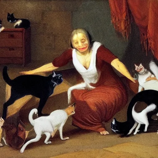 Prompt: an epic painting of a woman struggling to feed five cats in a small