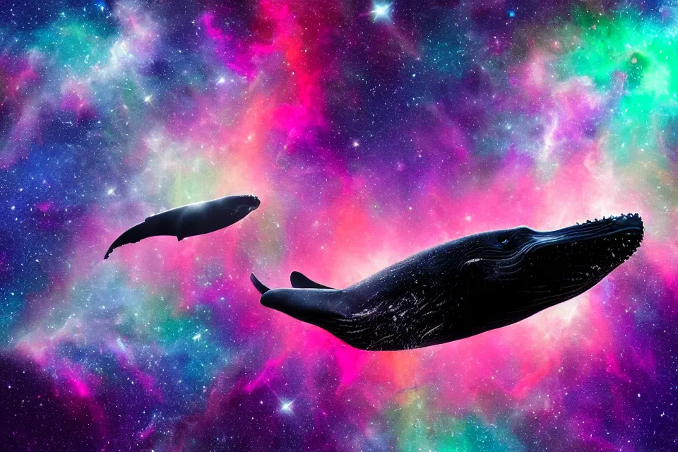 Image similar to a beautiful humpback whale swimming through a colorful nebula in space
