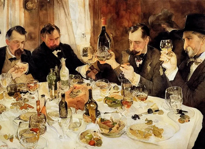 Prompt: gentlemens dinner, masterpiece, meat, wine, schnapps, watercolor by anders zorn and carl larsson, art nouveau