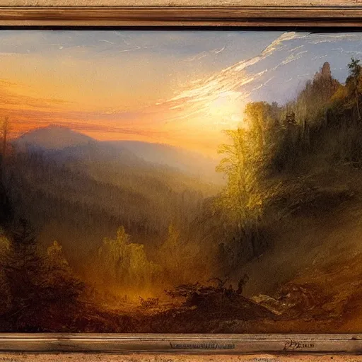 Image similar to a beautiful watercolor painting of an epic appalachian wilderness at dawn by j. m. w. turner, wide angle shot, godrays, mystical, deep shadows, epic scale