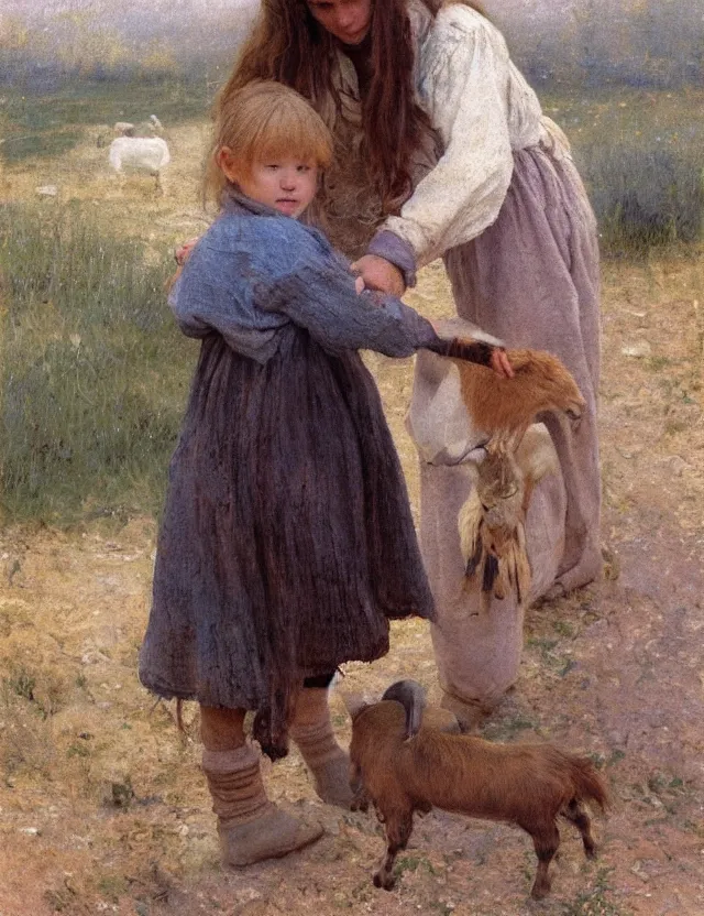 Image similar to portrait of little peasant girl petting a goat, cottage core, polaroid photo bleached vintage pastel colors high - key lighting, soft lights, foggy, by steve hanks, by lisa yuskavage, by serov valentin, by tarkovsky, 8 k render, detailed, oil on canvas