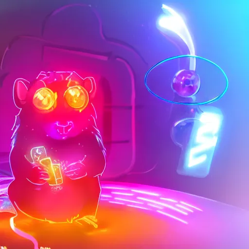 Image similar to cyberpunk hamster! holding rainbow! gem! crystal, neon lights, light reflection, 8 k, hd