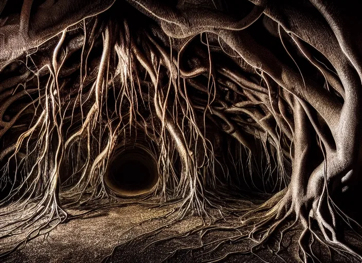 Image similar to photo of roots growing down from a ceiling in an underground cavern wrapped around a woman. Fantasy magic horror style. Highly detailed 8k. Intricate. Nikon d850 55mm. Award winning photography. Nekro