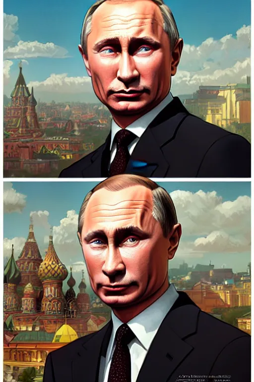 Image similar to vladimir putin as the simpsons character, realistic portrait, symmetrical, highly detailed, digital painting, artstation, concept art, smooth, sharp focus, illustration, cinematic lighting, art by artgerm and greg rutkowski and alphonse mucha