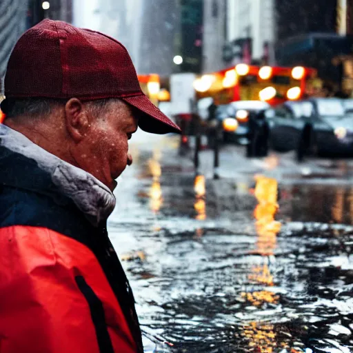 Prompt: closeup portrait of a man fishing in a rainy new york street, photography, time magazine