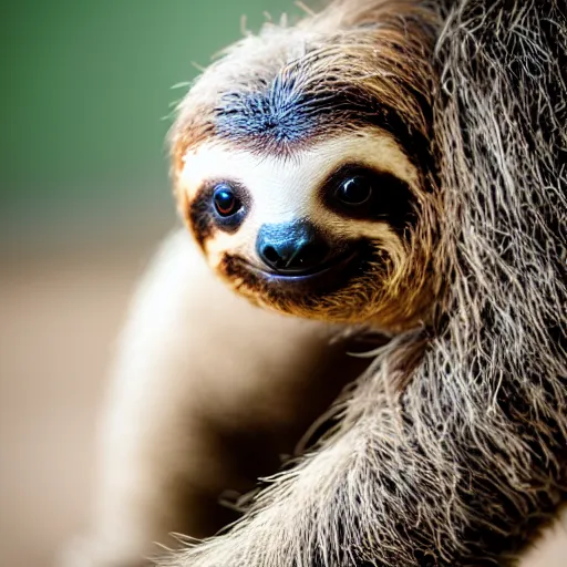Image similar to baby cute sloth looking at the camera, most cute realistic animal in the world, best photo award, high quality 8 k, cinematic lighting
