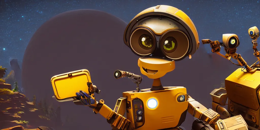 Prompt: selfie of wall - e as a outer wilds character, outer wilds screenshot, unreal engine, digital art