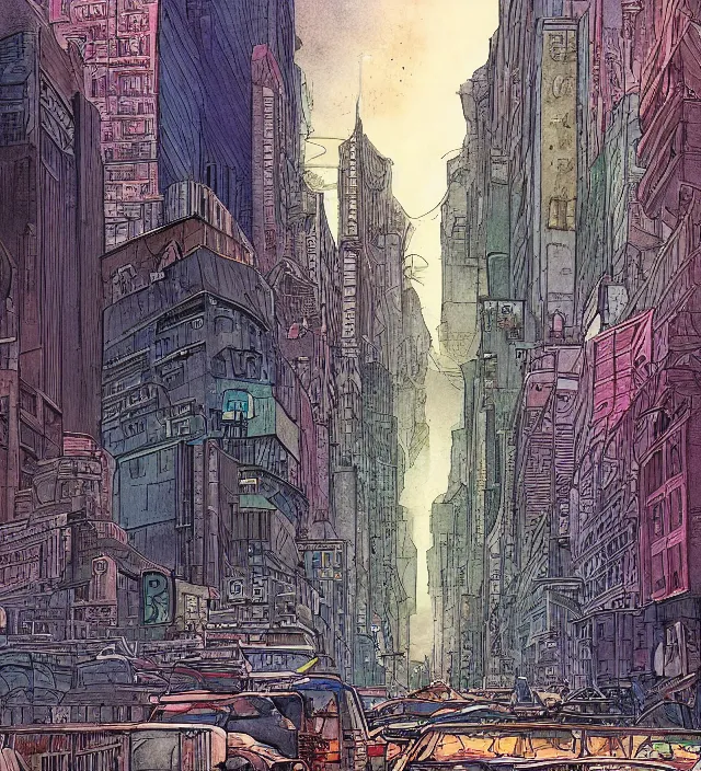 Image similar to a watercolor ink painting of a post - apocalyptic new - york in the style of jean giraud in the style of moebius trending on artstation deviantart pinterest detailed realistic hd 8 k high resolution