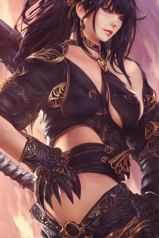 Image similar to Xena in a blade and soul spinoff artbook rendered by the artist Max Berthelot, Hyung tae Kim, Jiyun Chae, Lê Long, Joe Madureira, trending on Artstation by Hyung tae Kim, artbook, Stanley Artgerm Lau, WLOP, Rossdraws , James Gurney