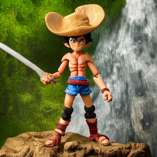 Image similar to high - res photograph of a claymation sculpture action figure warrior luffy, highly detailed sculpey diorama, forest setting, waterfall backdrop, smooth, sharp foccus, commercial product photography,