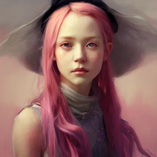 Prompt: a photorealistic dramatic fantasy render of a pink coloured haired young girl with a black wool street hat on her head by wlop, artgerm, greg rutkowski, alphonse mucha, beautiful dynamic dramatic dark moody lighting, shadows, cinematic atmosphere, artstation, concept design art, octane render, 8 k