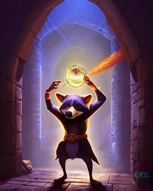 Image similar to 3 d model, highly detailed digital illustration portrait of hooded sorcerer sly cooper raccoon casting a magical glowing spell in a castle, action pose, d & d, magic the gathering, craig mullins, artgerm, moebius, dan mumford, octane, wlop, disney, pixar,