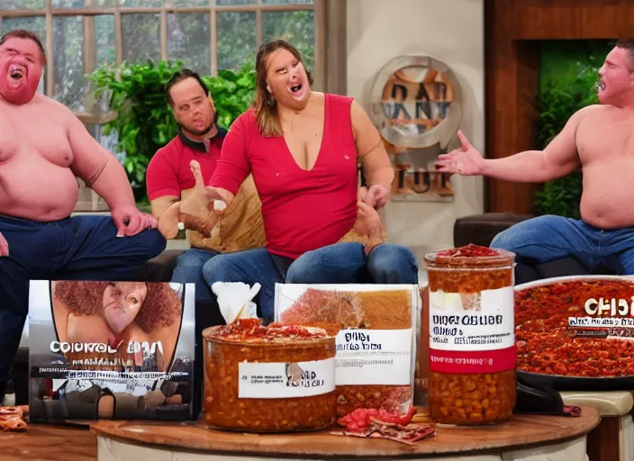 Image similar to qvc tv show product showcase pile of nasty chili spilled everywhere, chunky sloppy fat men no shirts wrestling in chili, wet, studio audience, limited time offer, call now, extremely detailed, horror, 4 k, hd