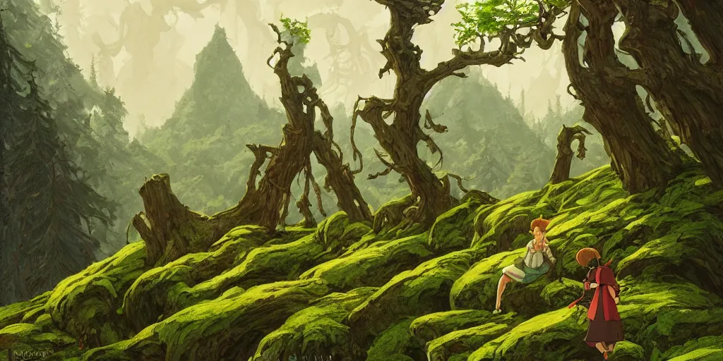 Image similar to a forest in transylvania, rocks, dead trees, castle in the background, moss, in the style of studio ghibli, j. c. leyendecker, greg rutkowski, artgerm