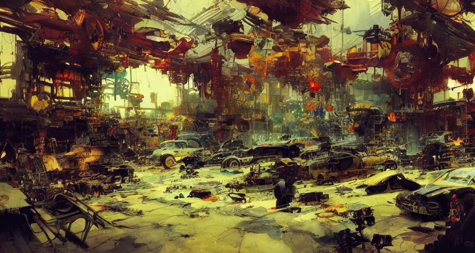 Image similar to junkyard interior, intricate, elegant, highly detailed, vivid colors, john harris, frazetta, tyrus wong, ruan jia, jeffrey catherine jones