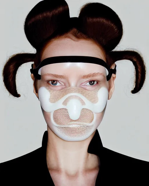 Image similar to portrait of a woman wearing a white embroidered translucent silicone mask and white frizzy hair buns, wearing a black bodysuit by alexander mcqueen, cream white background, soft diffused light, biotechnology, humanoide robot, bjork aesthetic, translucent, by rineke dijkstra, intricate details, highly detailed, masterpiece,