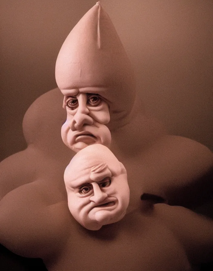 Image similar to 1990s candid photoshoot of Conehead Danny Devito ugly symmetrical porcelain doll, ambient lighting, atmospheric, stunning visuals, creative, cinematic, ultra detailed, trending on art station