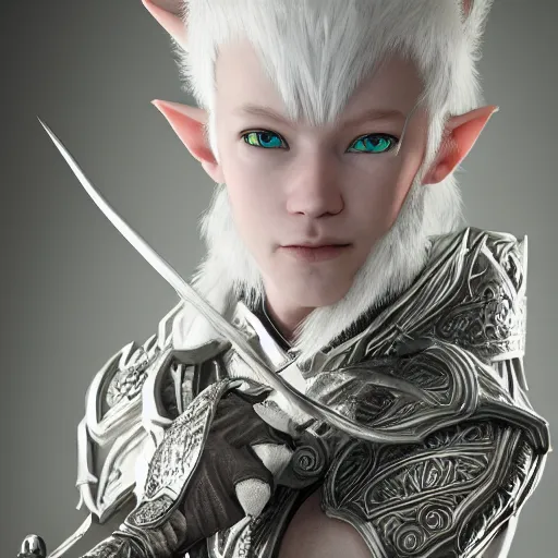 Image similar to studio portrait of albino snow elf archer in an ornate silver armour, handsome, elegant, ultrafine hyperrealistic detailed face illustration by kim jung gi, irakli nadar, intricate linework, sharp focus, bright colors, matte, octopath traveler, final fantasy, unreal engine highly rendered, global illumination, radiant light, intricate environment