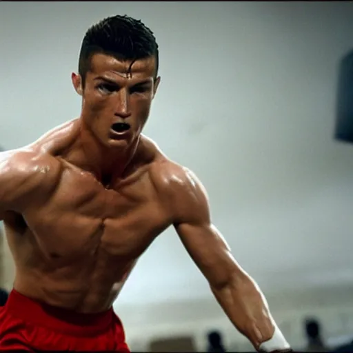 Prompt: movie still of cristiano ronaldo as ivan drago in rocky 4, training montage, cinematic, uhd, 8k,