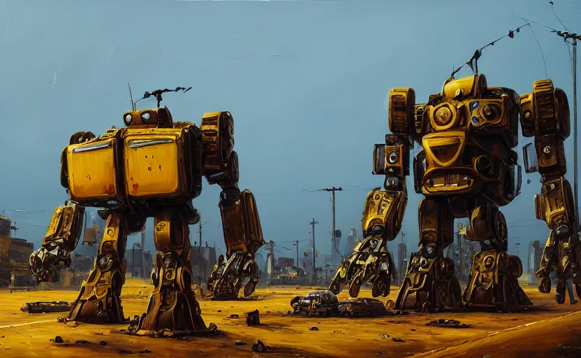 Image similar to an intricate oil painting of a giant armored plated metal mecha, croud, cars, by simon stalenhag, rust, yellow and black trim, trending on artstation, hdr, 8 k