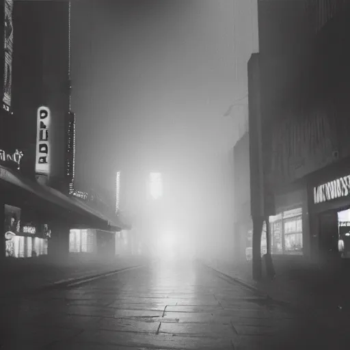 Prompt: taken using a film camera with 3 5 mm expired film, future blade runner city at night, slightly foggy, creepy, walking down a street at night, shopfronts, neon lights