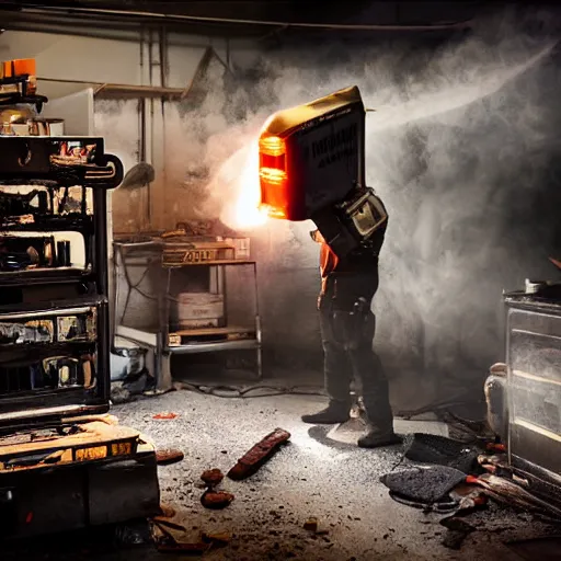 Image similar to cyborg with toaster oven chest, dark messy smoke - filled cluttered workshop, dark, dramatic lighting, orange tint, sparks, cinematic, highly detailed, sci - fi, futuristic, movie still