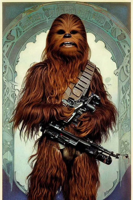 Prompt: realistic detailed painting of chewbacca posing as a model, pixar concept art, by alphonse mucha, ayami kojima, amano, charlie bowater, karol bak, greg hildebrandt, jean delville, and mark brooks, art nouveau, neo - gothic, gothic, rich deep colors