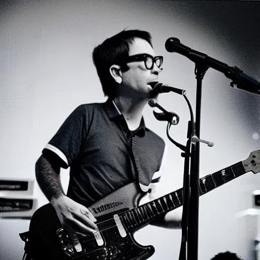 Prompt: “ weezer rivers cuomo performing in a little caesar ’ s pizza place, photorealism ”