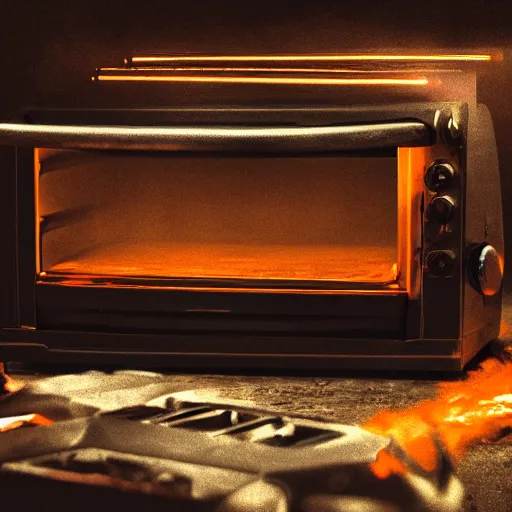 Image similar to toaster oven, dark messy smoke - filled cluttered workshop, dark, dramatic lighting, orange tint, cinematic, highly detailed, sci - fi, futuristic, movie still