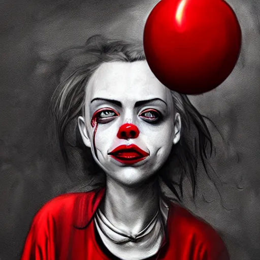 Image similar to surrealism grunge cartoon portrait sketch of billie eilish raven with a wide smile and a red balloon by - michael karcz, loony toons style, pennywise style, horror theme, detailed, elegant, intricate