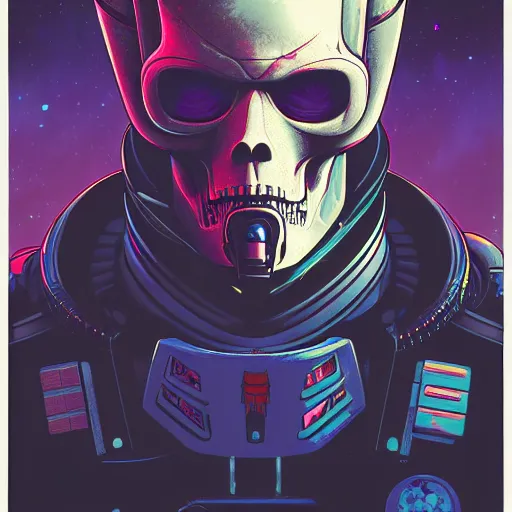 Image similar to close up portrait of a 28rd century Space Pirate by James Jean Dan Mumford Strongstufftom, most wanted warhammer 40k pirate, space skull helmet, dark thief data traveler, Ghost in the shell, Akira, anime cyberpunk, Blade Runner