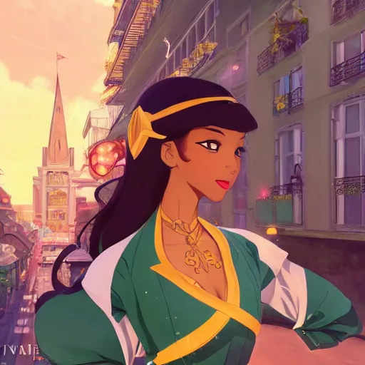 Image similar to portrait of princess tiana, 1920's new orleans background, rich vivid colors, ambient lighting, dynamic lighting, 4k, official media, anime key visual, makoto shinkai, ilya kuvshinov, lois van baarle, rossdraws, detailed, trending on artstation