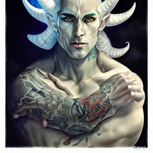 Image similar to handsome pale white tiefling with ink stylized tattoos, draconic masculine male shaman, portrait by Artgerm, peter mohrbacher W 704