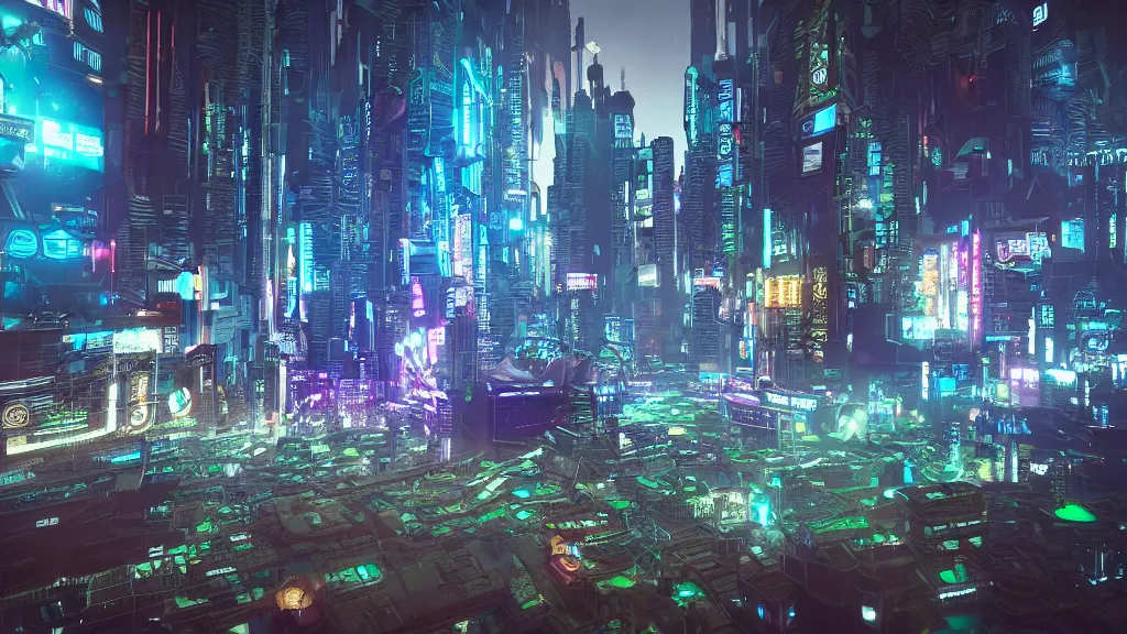 Image similar to cyberpunk city built underwater, submerged, nighttime, fluorescent led, made in blender, octane render, cinematic, volumetric lighting, futuristic,, hyperrealistic, highly detailed, colourful 4 k hd