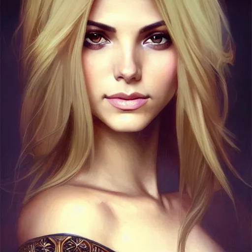 Image similar to A combination of Victoria Justice's and Ashley Greene's faces with blonde hair, western, D&D, fantasy, intricate, elegant, highly detailed, digital painting, artstation, concept art, matte, sharp focus, illustration, art by Artgerm and Greg Rutkowski and Alphonse Mucha