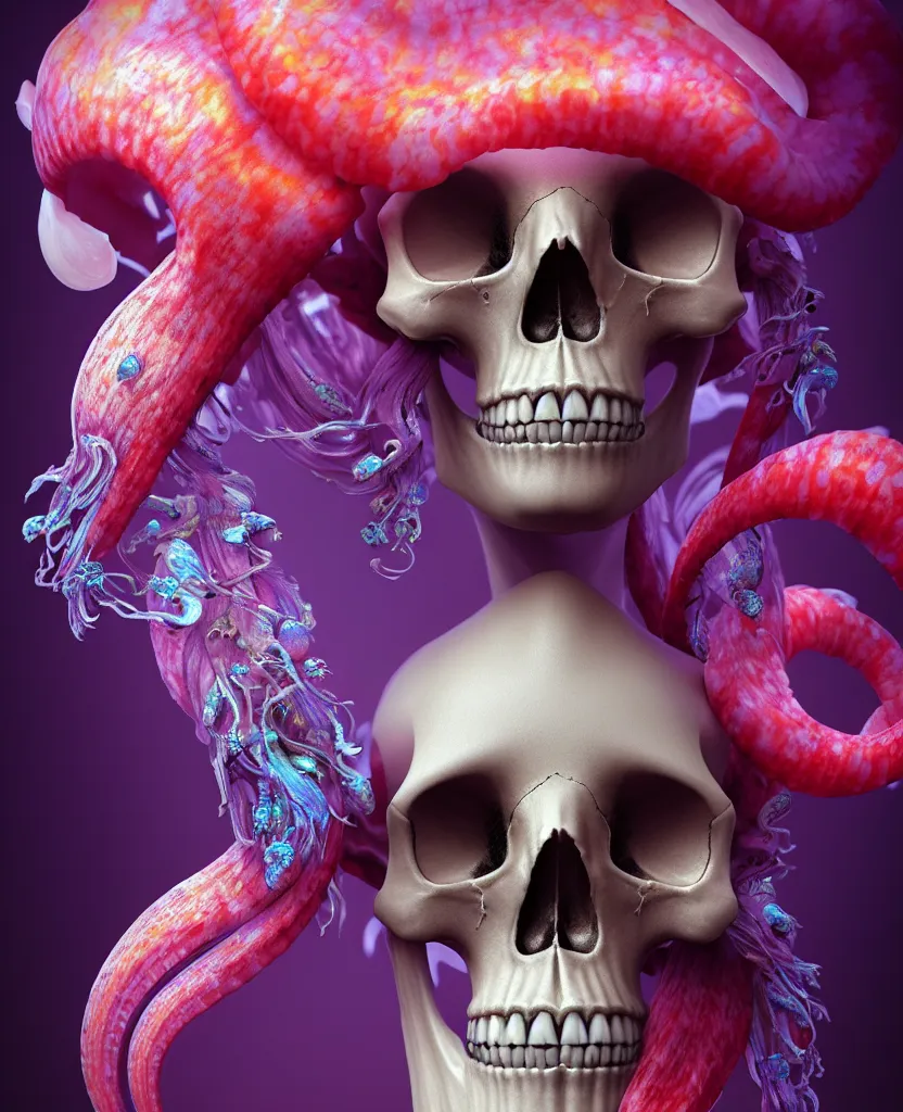 Image similar to goddess close - up portrait human skull, ram skull, squid phoenix jellyfish, orchid, betta fish, bioluminiscent, intricate artwork by tooth wu and wlop and beeple. octane render, trending on artstation, greg rutkowski very coherent symmetrical artwork. cinematic, hyper realism, high detail, octane render, 8 k