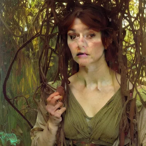 Prompt: a detailed, beautiful portrait oil painting of a girl who looks an 1 8 - year - old actress, with a surprised expression in an ancient forest, by donato giancola, alphonse mucha, and john williams waterhouse