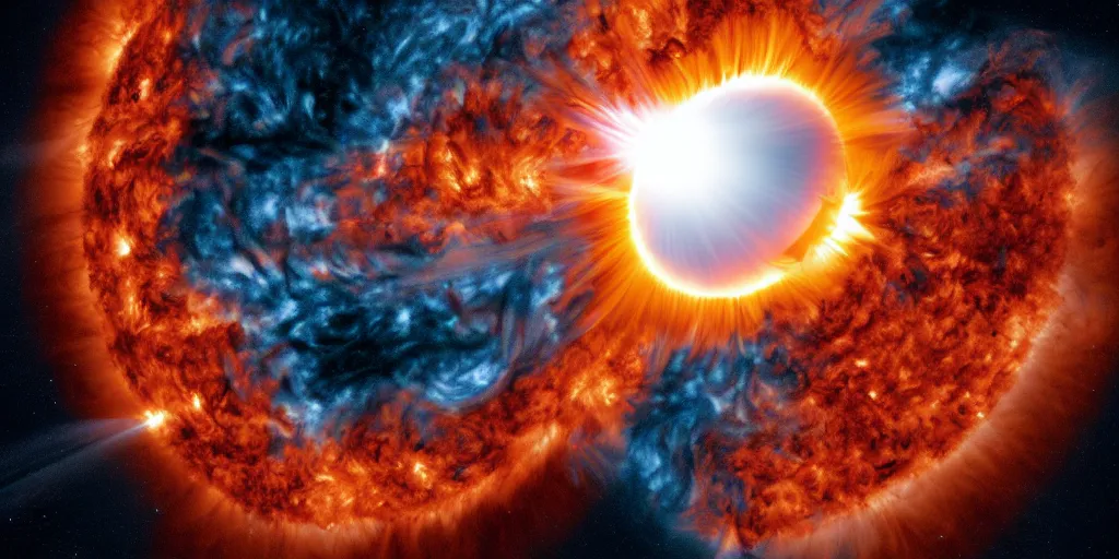 Image similar to The Sun spewing red and orange solar flares from its poles, distributing an enormous amount of energy, creating a superstorm that could catastrophically erupt the normality of space and time, satellite imagery, satellite visible light imagery, trending on artstation, 4k, 8k